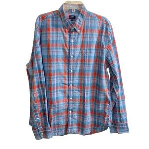 J Crew Shirt Pink Blue Preppy Plaid 100% Cotton Long Sleeve Button Front Mens XL